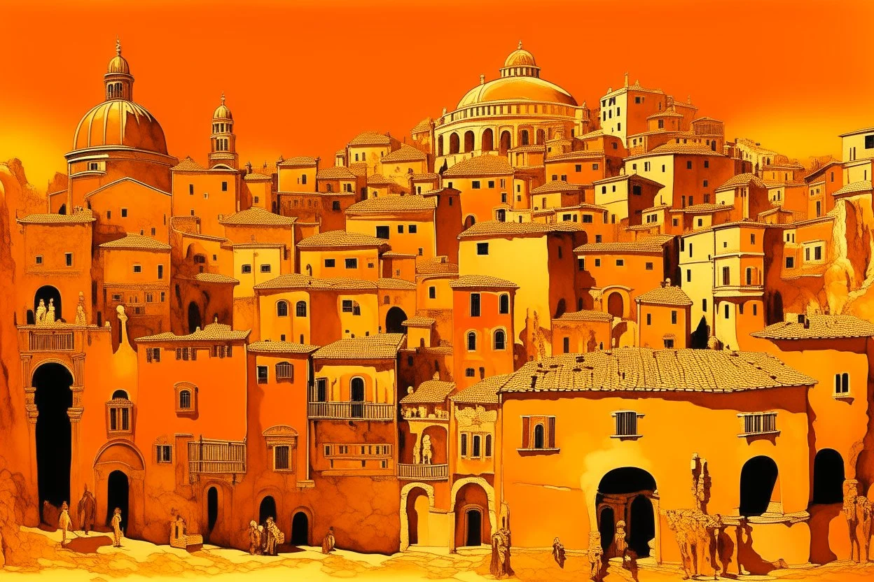 An orange colored town with a coliseum designed in cave paintings painted by Édouard Manet