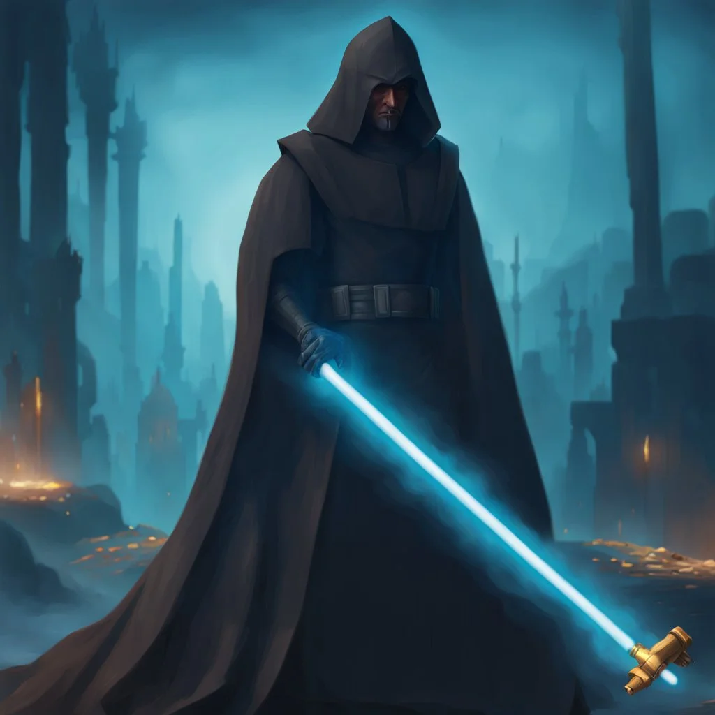 star wars bald male corellian jedi pilot wearing black and gunmetal grey old republic armored robes with gold trim, alone, battle-ready Jedi Master defending a ruined ancient city surrounded by golden light, centered head and shoulders portrait, hyperdetailed, dynamic lighting, hyperdetailed background, 8k resolution, volumetric lighting, light skin, fully symmetric details