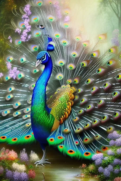 beautiful peacock, jungle, mystical, dreamlike, Neo-Impressionism, fine detail, high quality, raining, rain droplets, beautiful colors,