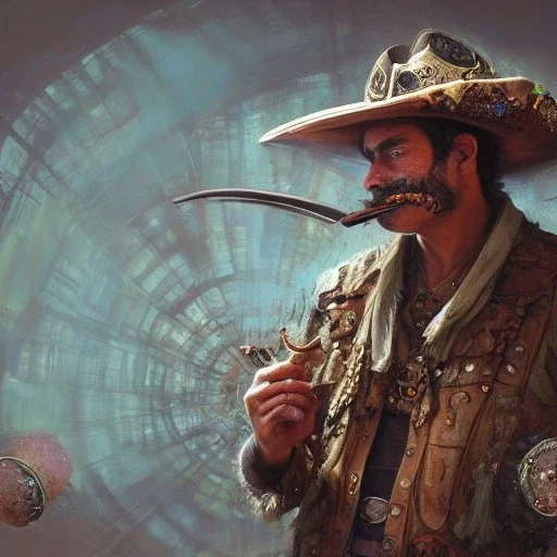 Insanely detailed photograph of an “ a mustachioed cowboy warrior "with worn Sombrero, handsome charo,cigar,glowing D20 in outstretched hand, hyperdetailed painting by Ismail Inceoglu Huang Guangjian and Dan Witz CGSociety ZBrush Central fantasy art album cover art,8K, hdr, mysterious, flickeringlights ,Stoic