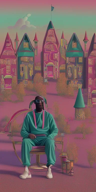 Snoop dogg. a chair. pink houses, pink sky, pink smoke, trees