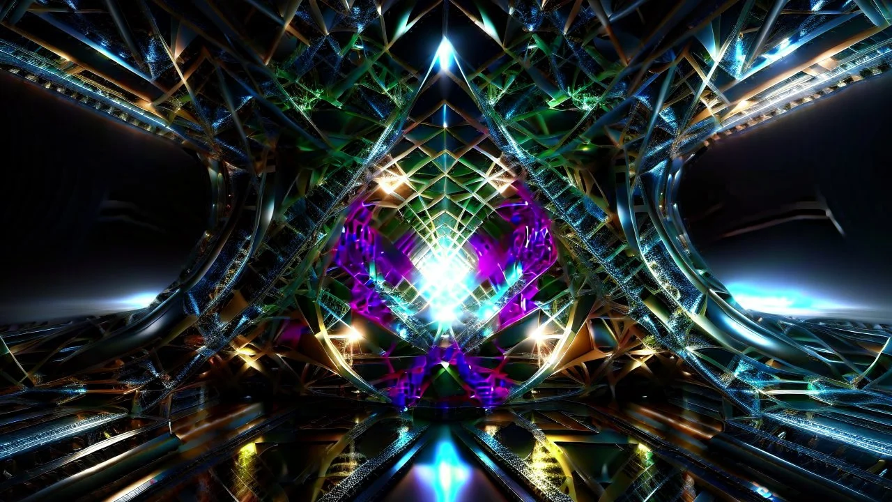 a 3d fractal stage structre made of metallic color 3d structures, pertty artistc background,dynamic lights