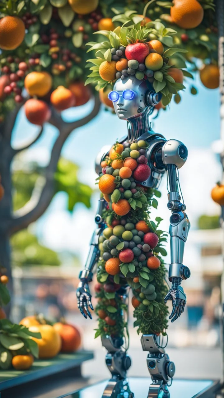 a full body portrait of a vegan hippie fashion cybernetic robotic fruit tree made of living plants in all colors and tasty fruits growing, and having a sentient look in its eyes, like a buddha, on a glass pier cat walk,bokeh like f/0.8, tilt-shift lens 8k, high detail, smooth render, down-light, unreal engine, prize winning