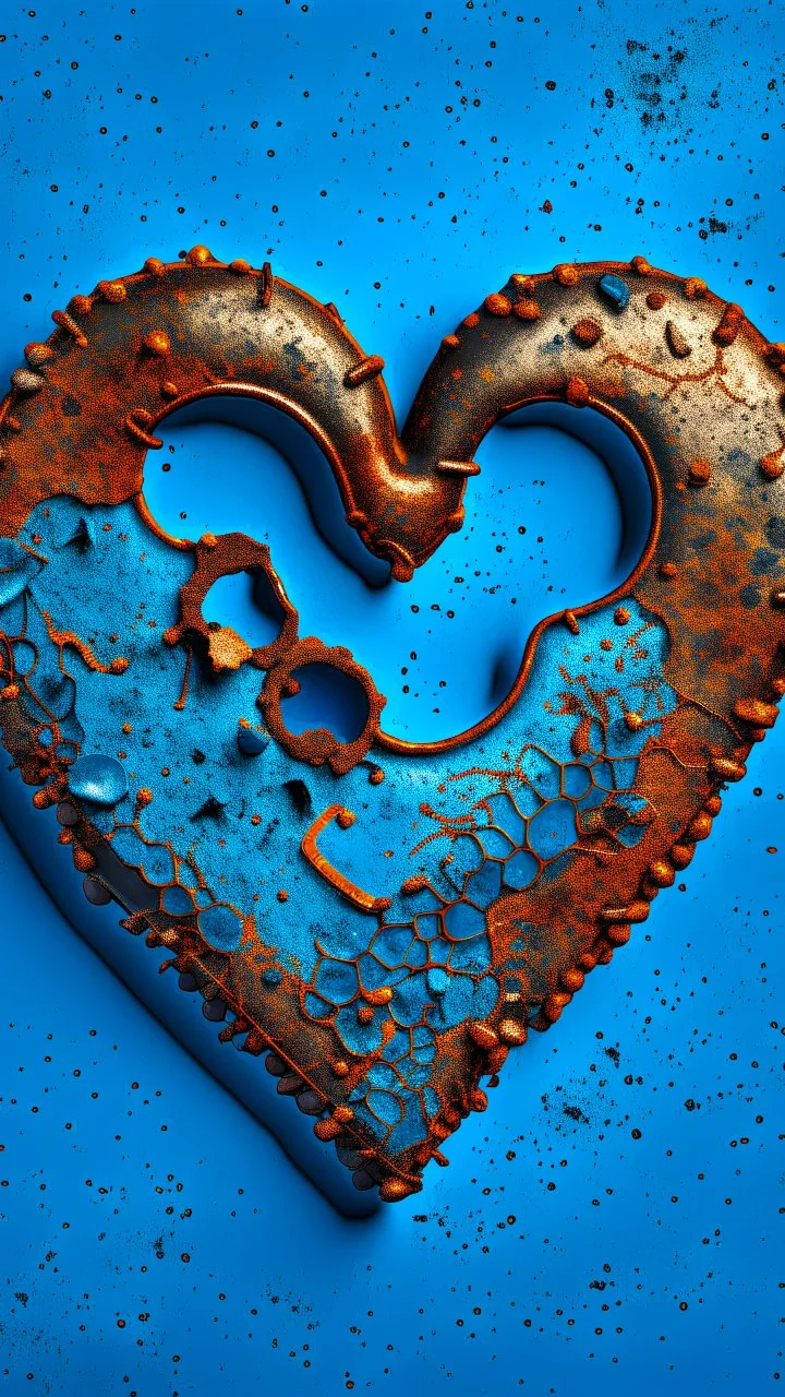 A rusty metallic heart yet in details with on blue background