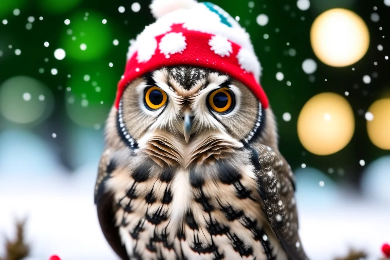 Owl wearing a Christmas hat