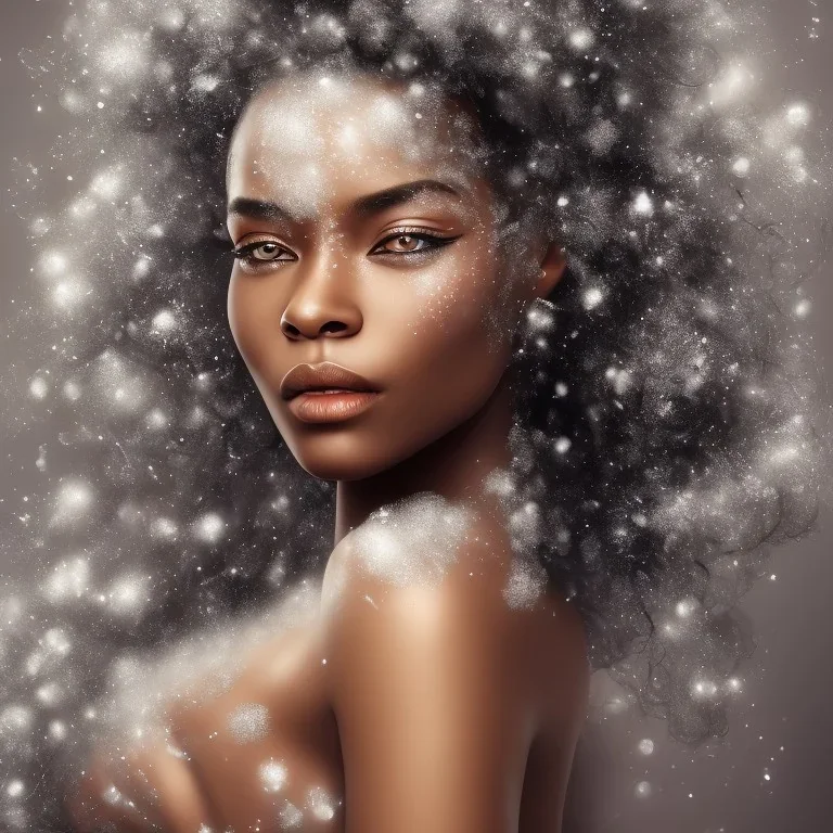 wonderfull african woman, curves, platinum long hair, hair covering one eye, ultradetailed fine art photo of a african , weet face portrait, snow flakes particles, 35 mm