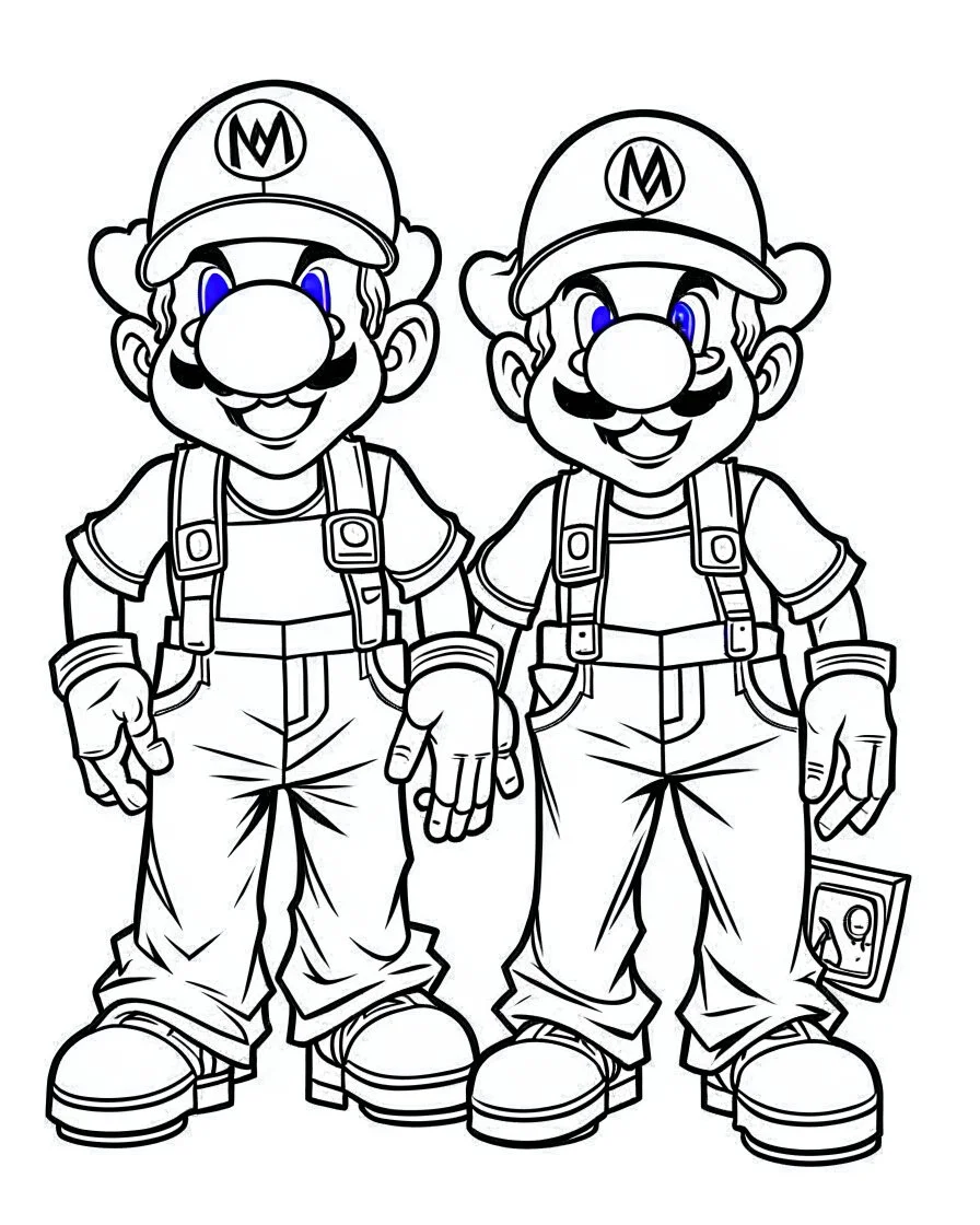 outline art for Waluigi and Mario coloring page, Japanese manga style, cartoon style, cute face, white background sketch style, full body is a must, only use outline, clean line art, no shadow, bold outline