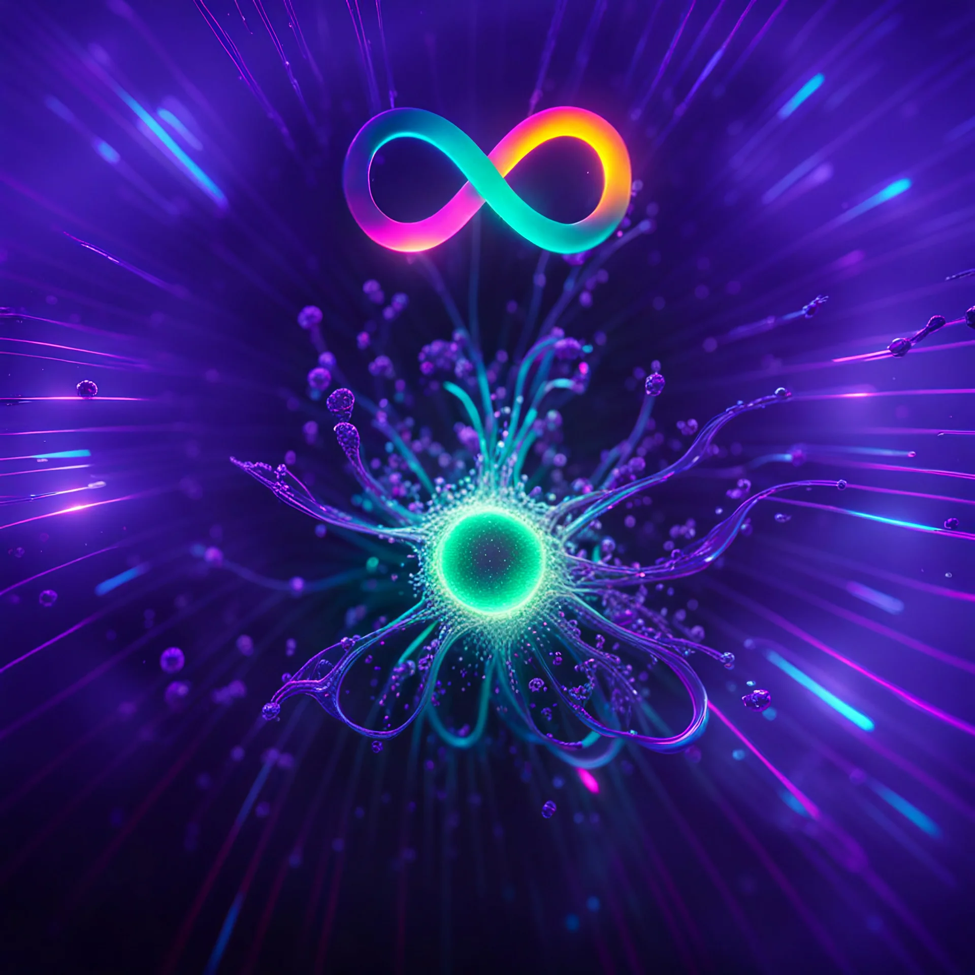 infinity symbol ∞ with vibrant single Plankton in water, striking, neon, chiaroscuro, dramatic, captivating, powerful, fantasy, beautiful, octane render, 16k post-production, artstation: award-winning: atmospheric: commanding: fantastical: clarity: ultra quality: striking: brilliance: stunning colors: amazing depth; lens: f/11, 35mm