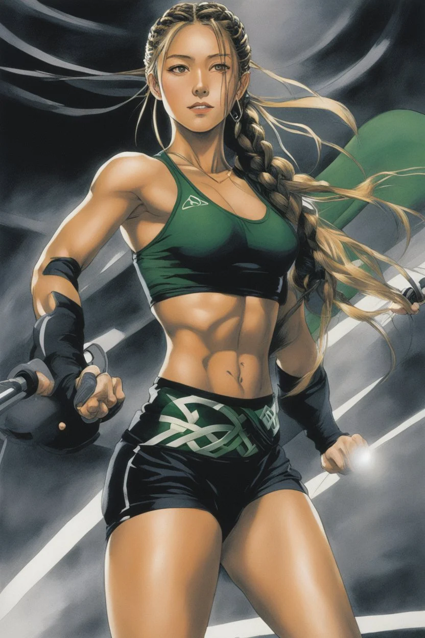 a Celtic girl with braids in a dark tight sport outfit, she does gym, panting [Yoshitaka Amano. Selections 30th Anniversary Edition]