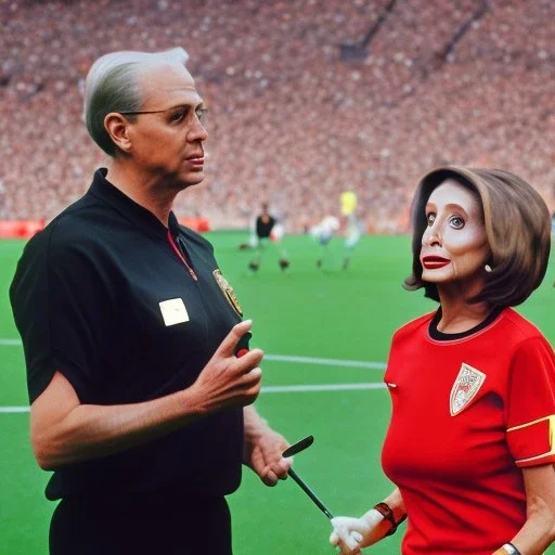 Nancy Pelosi in a referee jersey officiating for a soccer match at Wembley Stadium