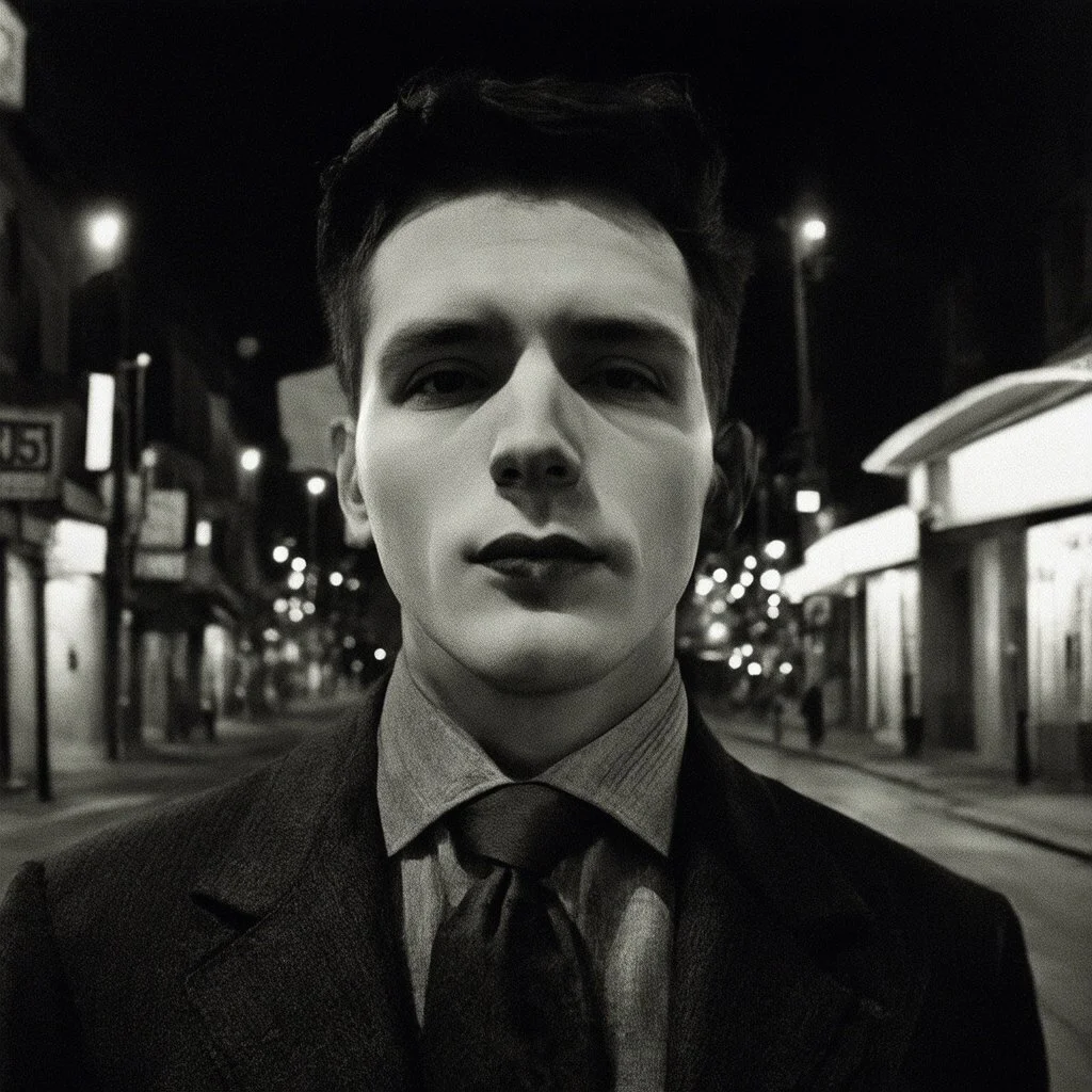 very grainy discolored modern photo, closeup portrait, dark night street, grunge, male with chalk-white skin, 1910's costume