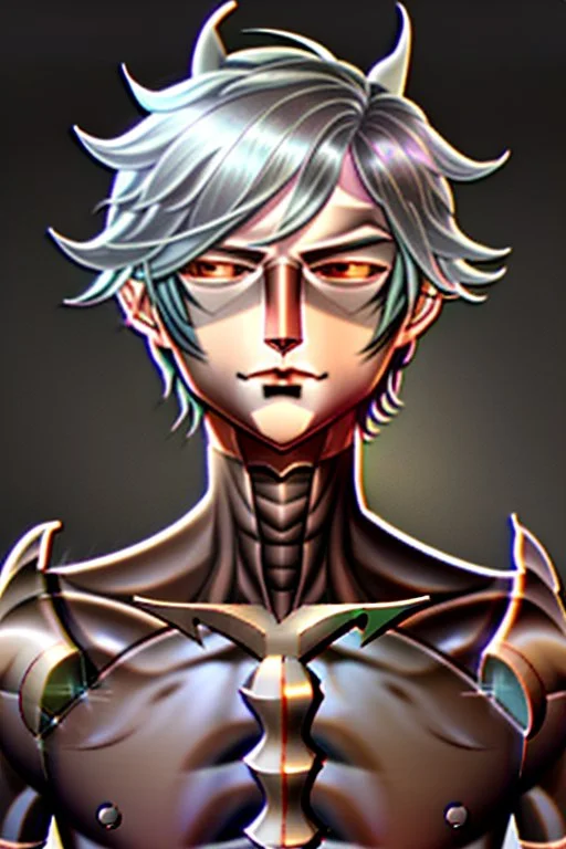 bronze skin, silver hair, short hair, horns, six arms, human, male