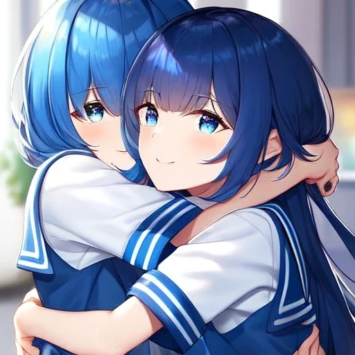 Clear focus,High resolution, Vibrant short blue hair, Vibrant blue eyes, Wearing a sailor uniform, Smiling, Hugging you, Long bangs