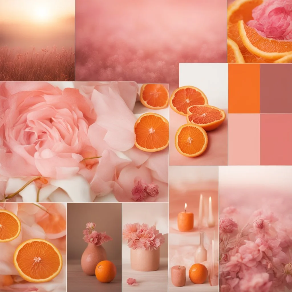 romantic mood board, warm pink and orange colours, photo quality