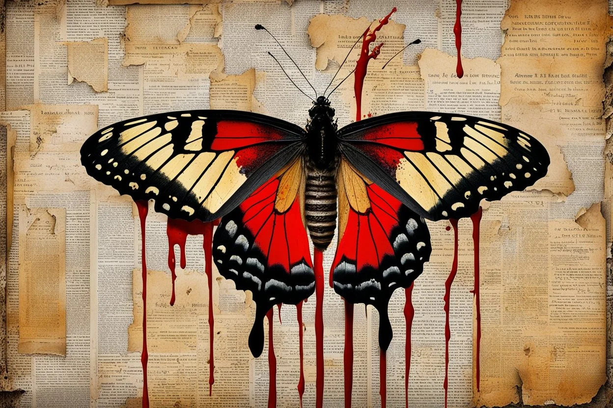 a bleeding black butterfly is nailed to an old dirty wall, red blood flows from the butterfly's wings and body, old yellowed torn newspaper clippings, dirty fingerprints, cracked old grayed white paint on the wall, intricate details, sharp focus, filmy , surreal, frighteningly beautiful, perfect composition