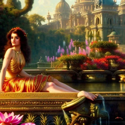 Hyperdetailed oil on canvas, young Rachel Weisz sits by the ornate fountain, goldfish pond, lotus, detailed face, long red curly hair; by gaspar camps, maxfield parrish, alphonse mucha, cyril rolando, dan mumford; luminous colorful sparkles, glitter, airbrush, octane render, volumetric lighting, 16k