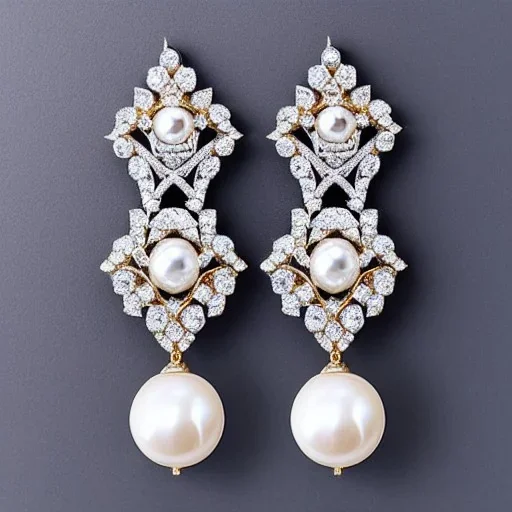 drop diamond and pearl earrings, breathtaking, highly ornate, delicate, intricate, photorealistic, high fashion, fine jewellery, luxury, designer