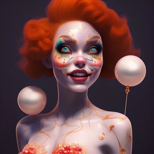 Ultra detailed very beautiful smileing cute clown girl,beautiful real skin, red nose, shallow of dept 3d, symmetrical, ultra detailed curl hair, accent lighting, ultra detailed face, concept art, circus,party, digital painting, octane render, art by artstation