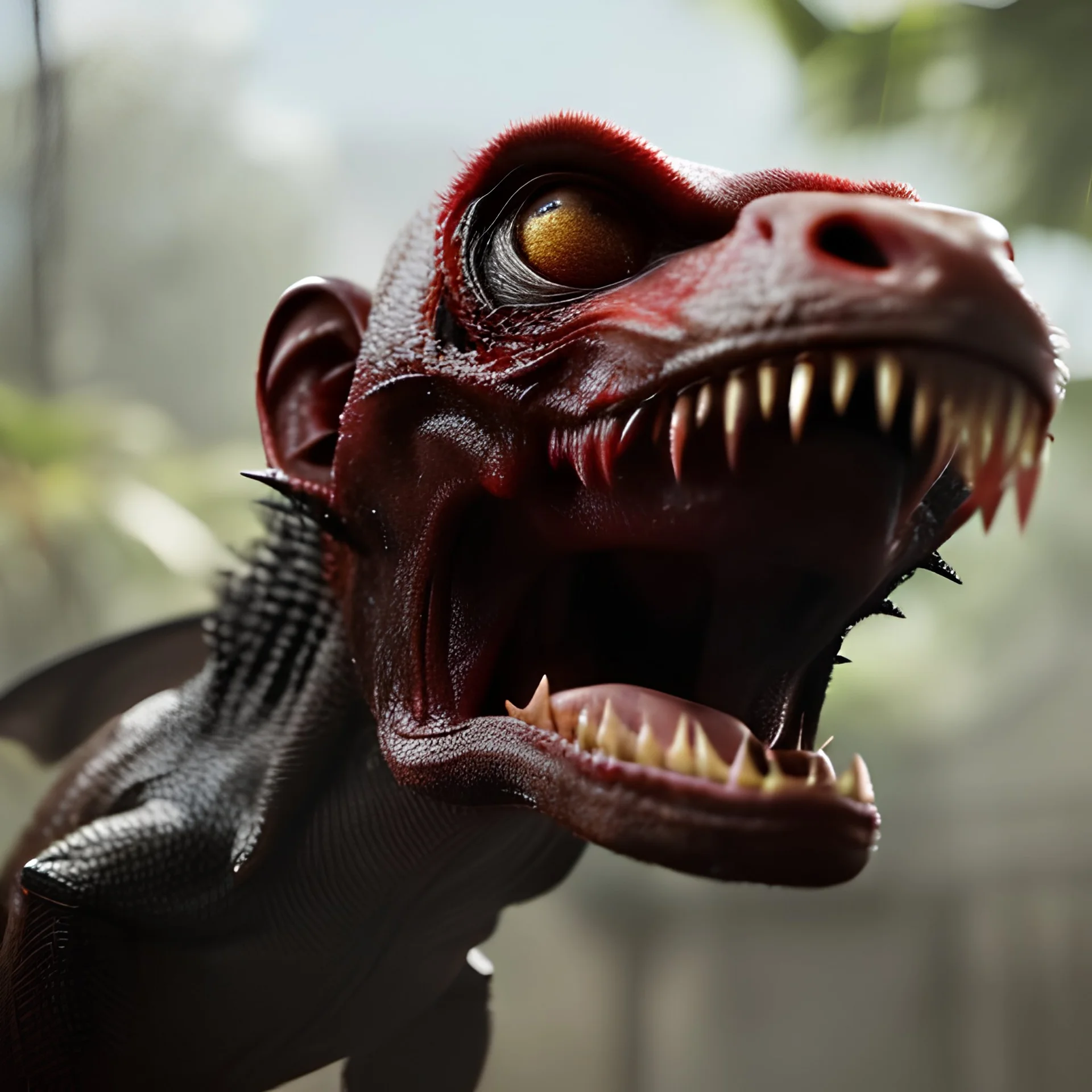 genetically spliced gorilla lizard eagle bat, feeding, in flight, large fangs, horror, bloody, perfect, meticulous