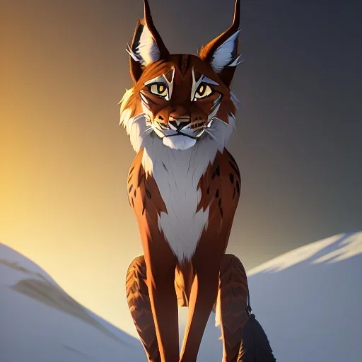 a full body portrait of a humanoid lynx with golden fur in the Norwegian mountains