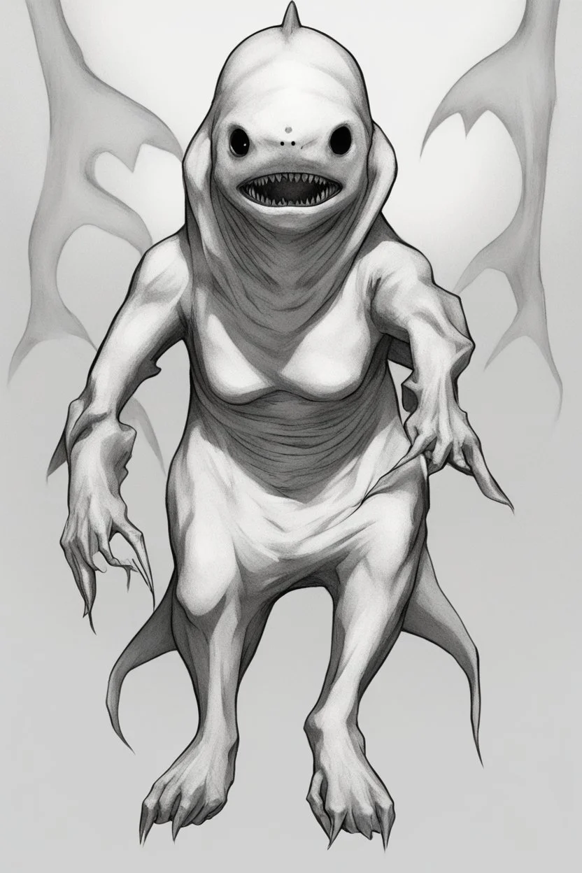 a humanoid entity with a shark-like appearance, known for their ability to manipulate dreams and induce nightmares. They would exhibit a mischievous and unpredictable nature, often toying with the dreams of others for their own amusement. Based on the SCP Foundation.