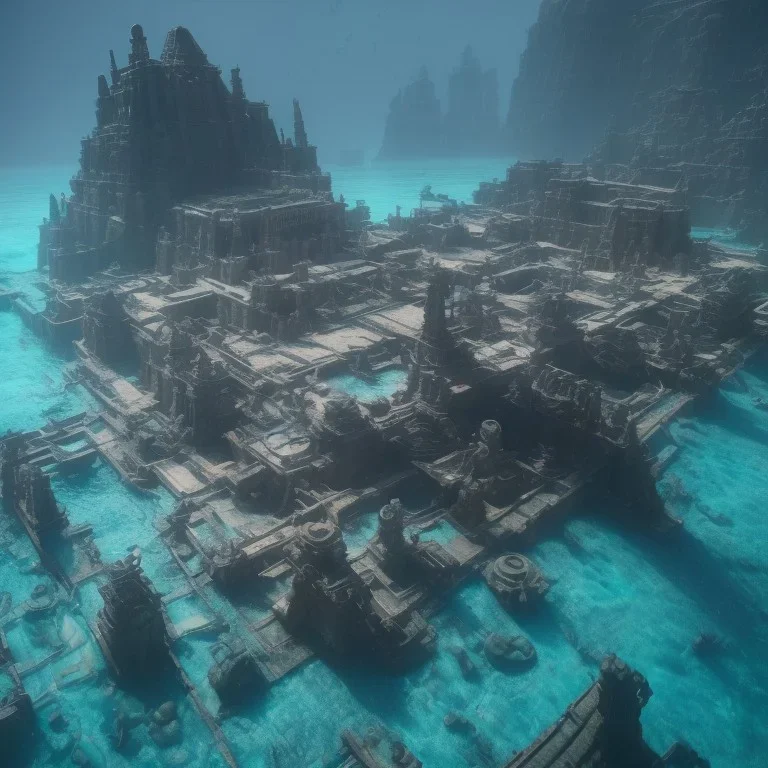 sunken underwater city of atlantis , fish swimming around, highly detailed, cinematic, ultra photorealistic, ultra realistic, volumetric lighting