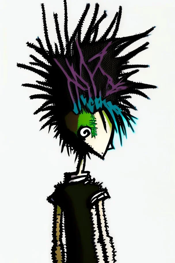 2d drawing of a stickman, cool with punk hair, x eyes like in hangman, view from back and slightly peeking behind, 3d realistic in colour