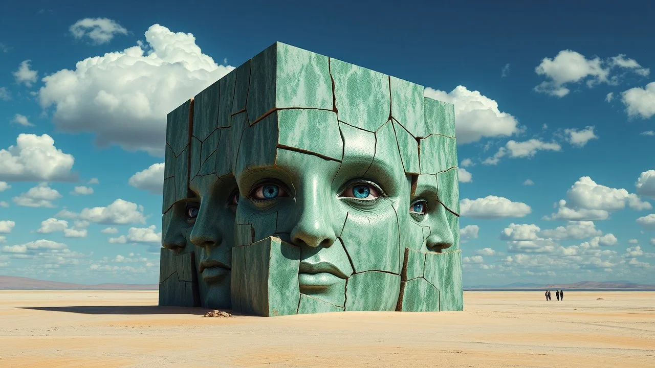 A surreal, dreamlike landscape with a cracked, segmented cube structure at its center. The cube appears to be made of jade or a similar green, weathered stone, and it forms a colossal face with striking blue eyes. Multiple faces are visible, emerging from the fractured facets of the cube, creating a disorienting, multi-dimensional effect. The surrounding environment is a barren, sandy desert under a bright blue sky dotted with fluffy white clouds. In the distance, tiny figures of people can be s