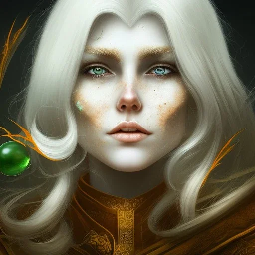 fantasy setting, woman, orange and white hair, wavy hair, freckles, ranger, more orange hair, more white hair, green eyes, more white hair, more white hair, a bit more orange hair