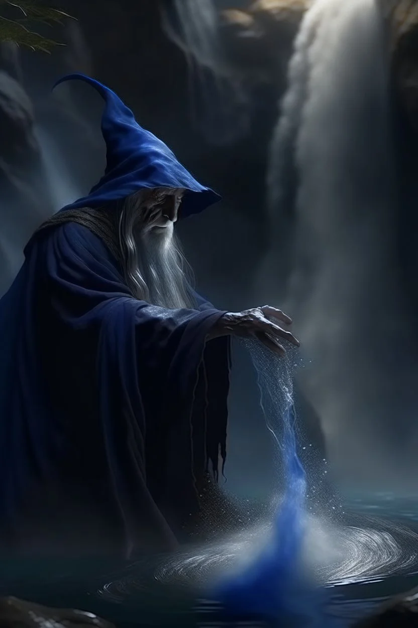 old dark wizard stopping the water from a waterfall, 4 k, down-light, soft light, depth of field, photo realism, trending on art station, high detail, spray paint