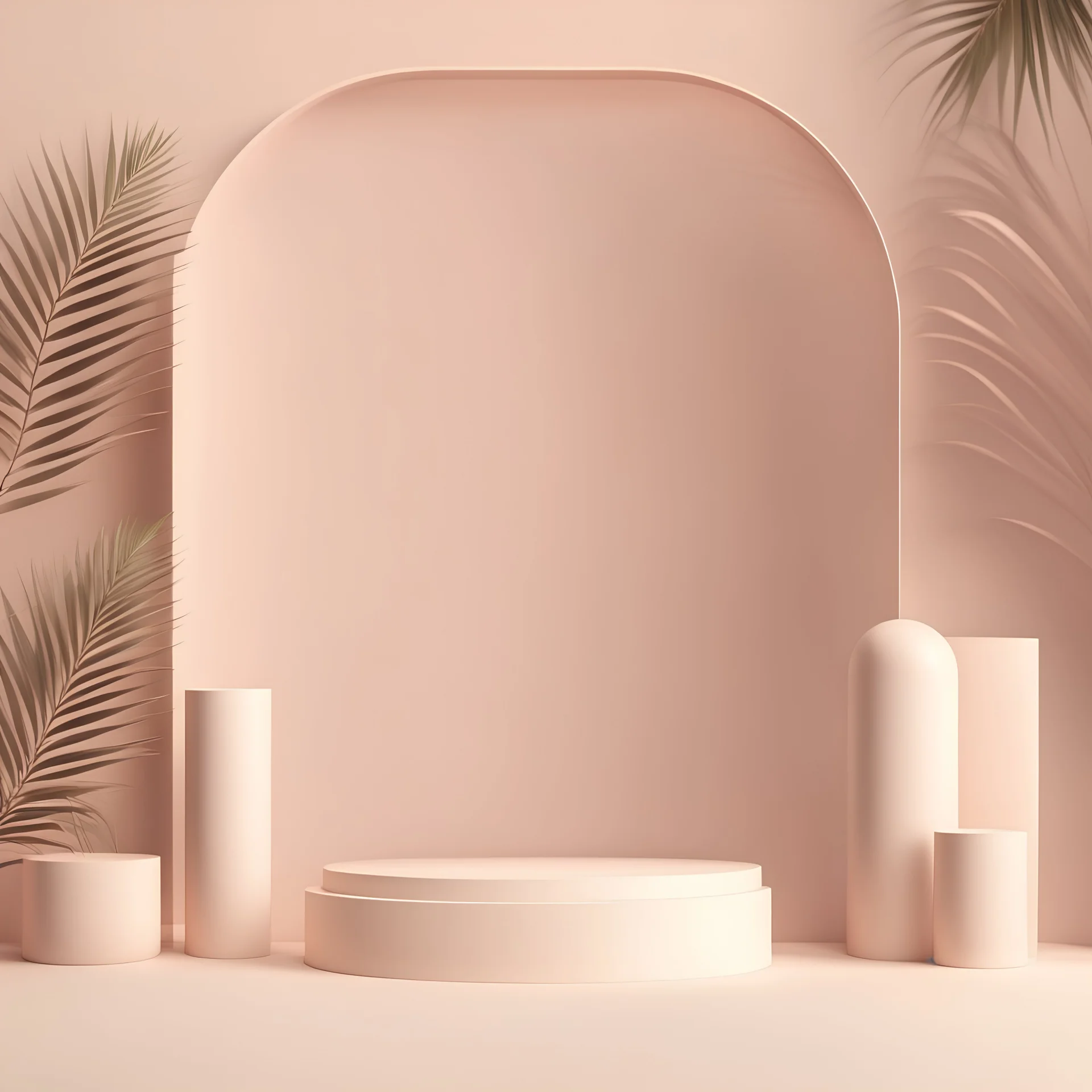 3d render mockup podium stand table shelf. Purple pink beige nude white abstract background. Palm tree leaf shadow. Nature. Light pale pastel. Design beauty product cosmetics. Wall stage room studio.