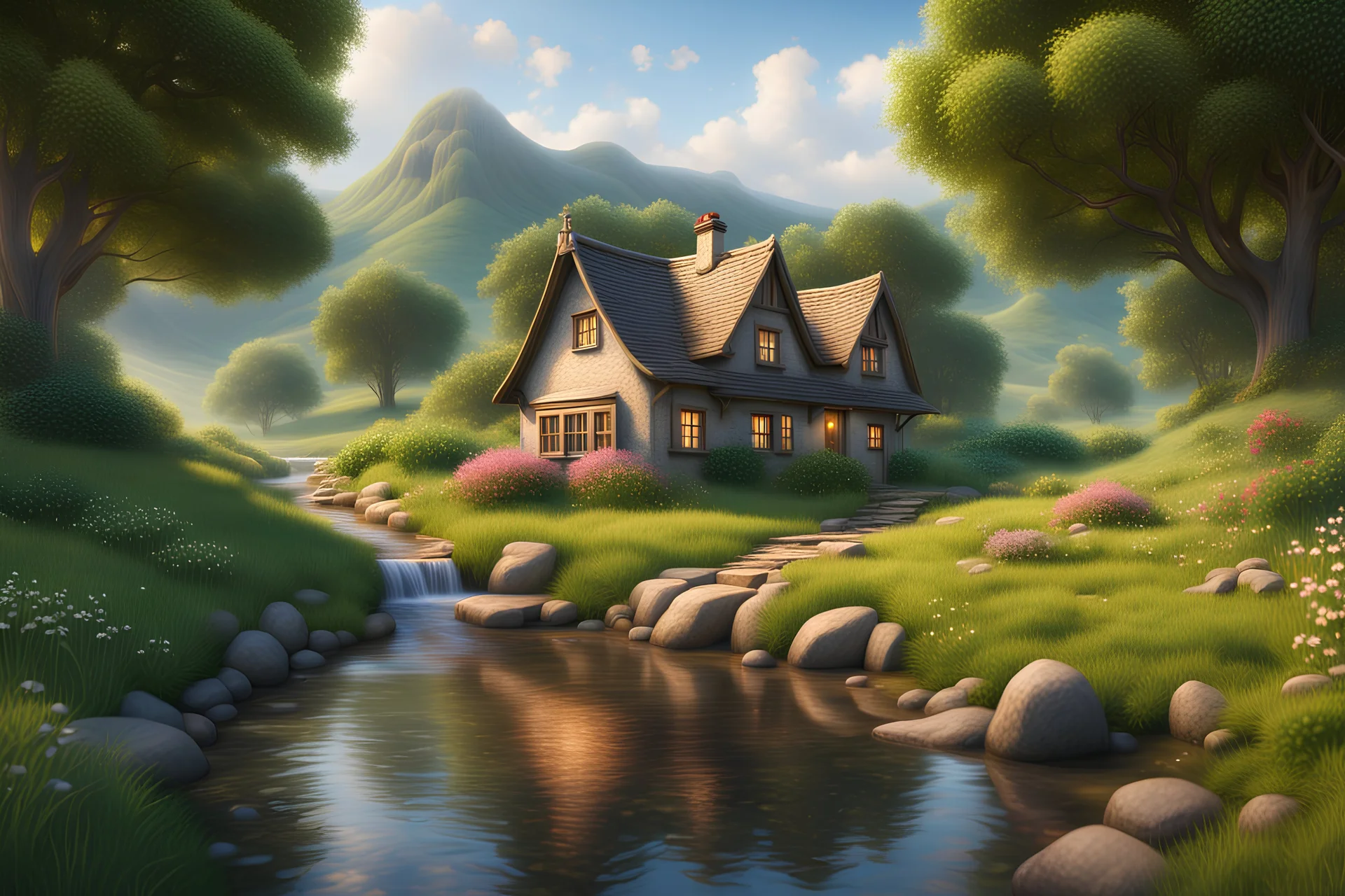 A charming cottage tucked away in a serene countryside, surrounded by lush green hills and a tranquil stream, 8k, Ultra hd,ultra detailed, ultra realistic, extremely realistic, intricate, photorealistic, epic composition, masterpiece