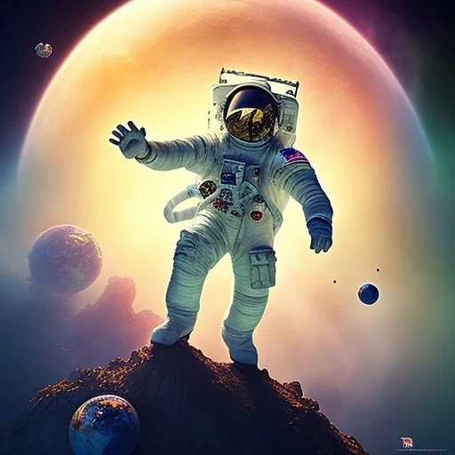 a shattered, exploded, planet Earth behind astronaut floating in space, hyper-realistic, 8k resolution, high-quality, fine-detail, detailed matte, intricate, 3D octane render, illustration, digital art, brian froud, howard lyon, anna dittman, greg rutowski,