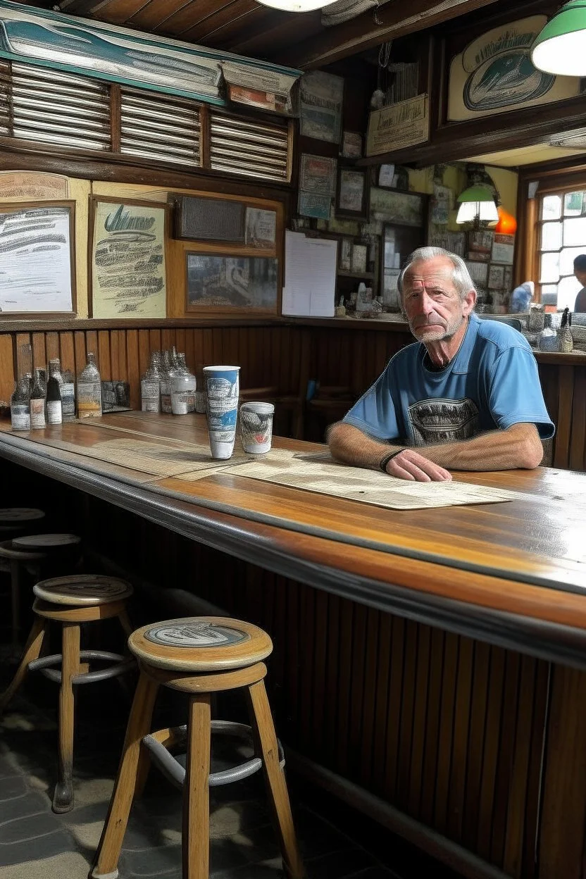 bAn innkeeper waits tables in a surfers' pub