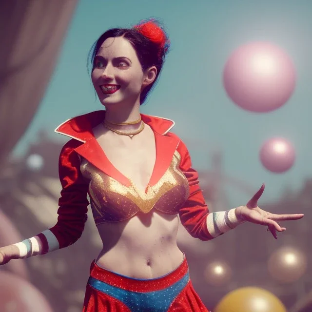 Ultra realistic circus scene. Classic acrobat woman, waist up view, Wes Anderson style, happy, bubbles, highly detailed, concept art, unreal engine 5, god rays, ray tracing, RTX, lumen lighting, ultra detail, volumetric lighting, 3d, finely drawn, high definition, high resolution.