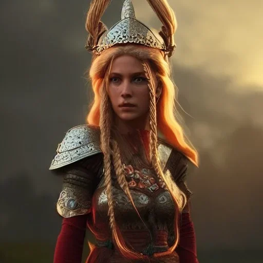 highly detailed girl viking queen, red glass armor, blue delicate braided hair, cinematic lighting, 4k, 8k, octane render, digital concept art, trending on artstation, pinterest, extremely detailed, ambient lighting.