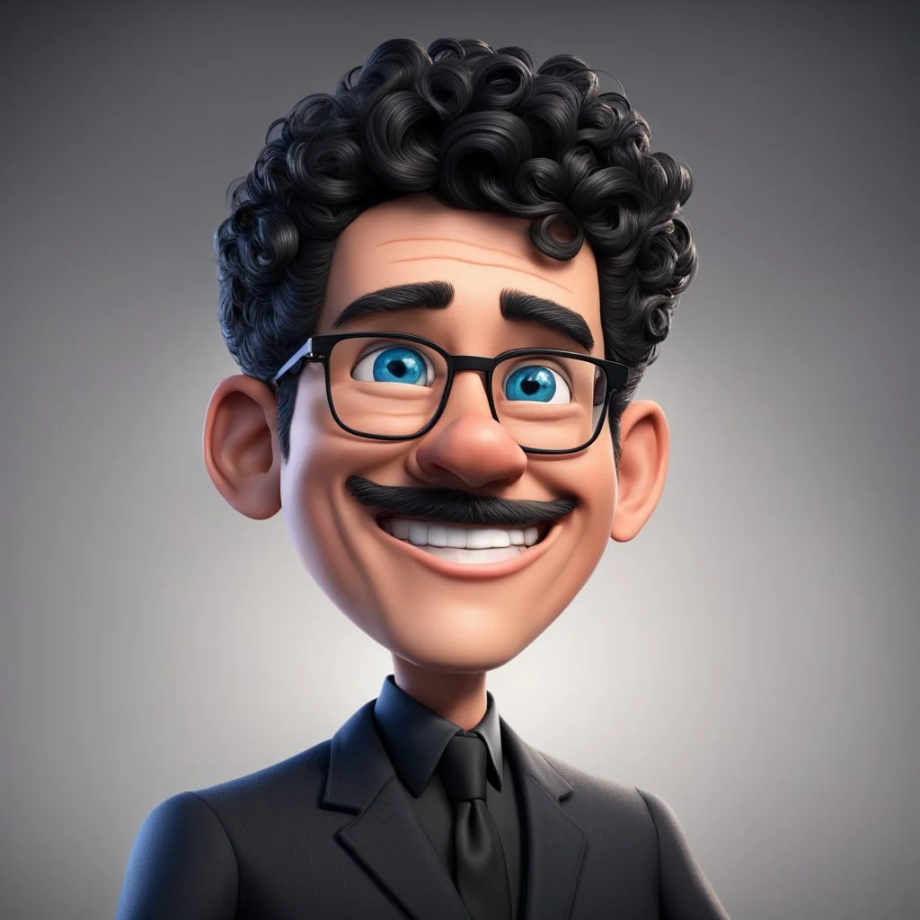 a portrait of smiling western man. caricature. black short curl hair. light skin. blue eye pupils. rectangle eyeglasses, black frame. oval face shape. wear black formal dress. pixar style. 3D. 4k. portrait. highly detailed. sharp focus. high resolution. full color. cinema lighting