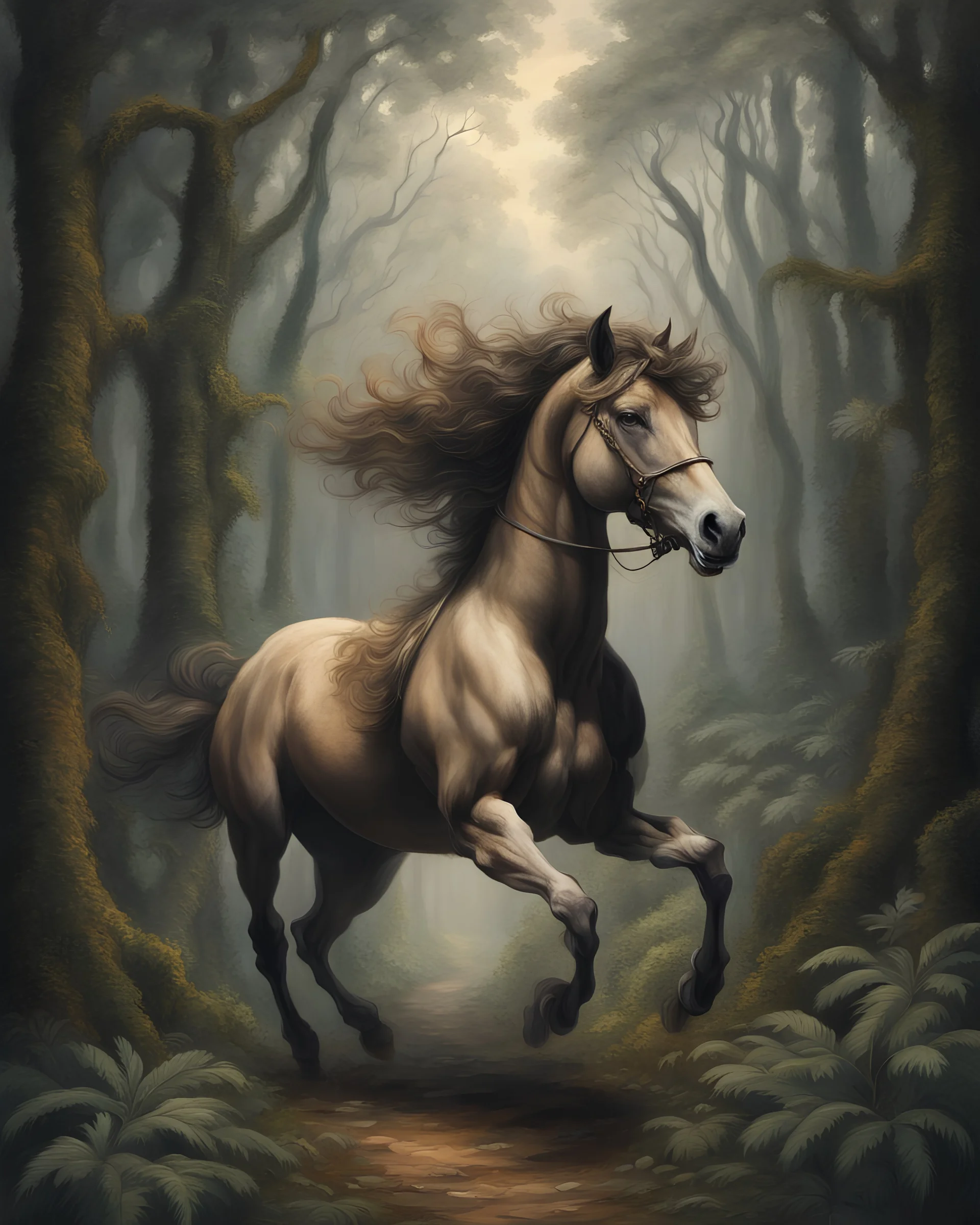 A centaur majestically galloping through the dense forest in the style of gustav dore, fantastical landscape, soft strokes , mythology portrait, classic painting