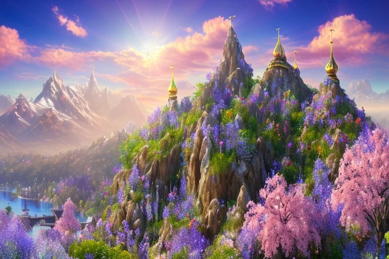 mountain, gold blue pink crystal russian PALACE on the mountain,san, swanns,waterfall, BLUE LAKE, SWANNs,fuksia bugainvillier flowers, jacaranda violet trees, sky pink blue, full of details, smooth, bright sunshine，soft light atmosphere, light effect，vaporwave colorful, concept art, smooth, extremely sharp detail, finely tuned detail, ultra high definition, 8 k, unreal engine 5, ultra sharp focus