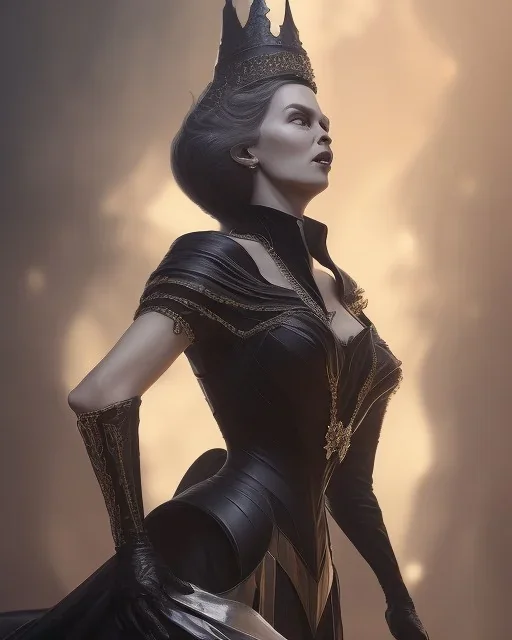 old evil queen in black leather gown, volouptous, busty, cleavage, angry, emperious, 8k resolution concept art portrait by Greg Rutkowski,