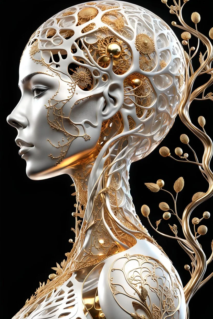 3D rendering of Expressively detailed and intricate of a hyperrealistic “human body”: side view, scientific, single object, glossy white, shinning gold, vines, tribalism, black background, shamanism, cosmic fractals, octane render, 8k post-production, detailled metalic bones, dendritic, artstation: award-winning: professional portrait: atmospheric: commanding: fantastical: clarity: 16k: ultra quality: striking: brilliance: stunning colors: amazing depth