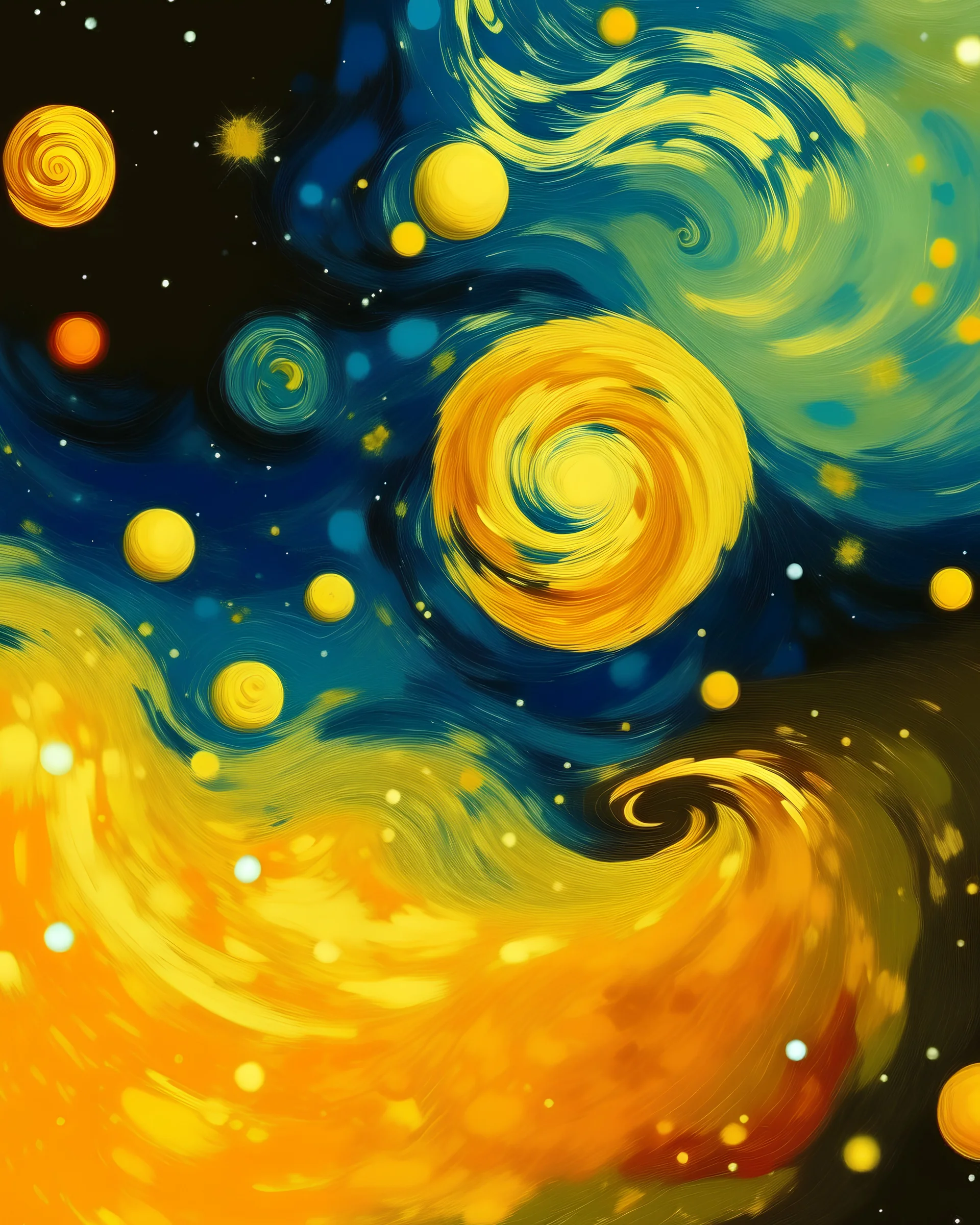 A yellow galaxy with planets and stars painted by Vincent van Gogh