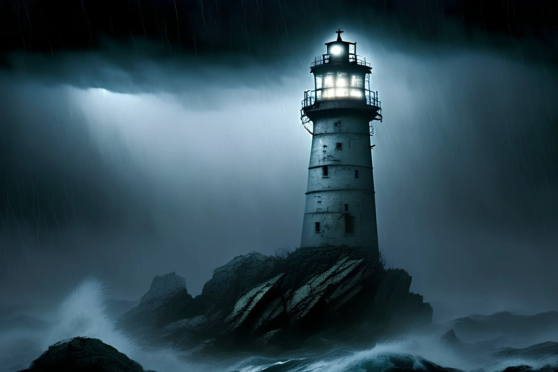 An old grey stone lighthouse, towering ominously against a backdrop of((a small, abandoned wooden lifeboat bobbing in stormy rolling waves))) and a (((dense fog bank)))crawling onto the lighthouse (((a dark, stormy night))) . The structure casts a (mysterious glow) across the churning waters."