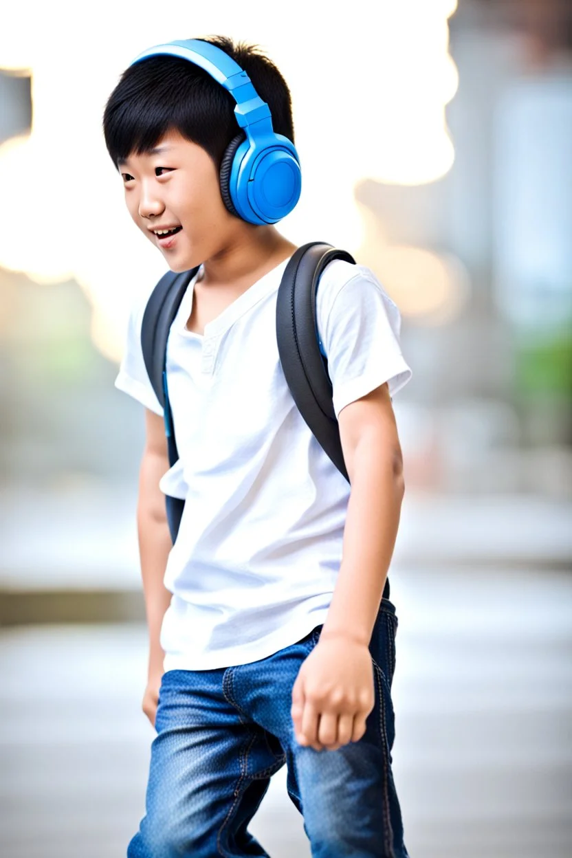 An Asian boy in a white shirt and headphones.