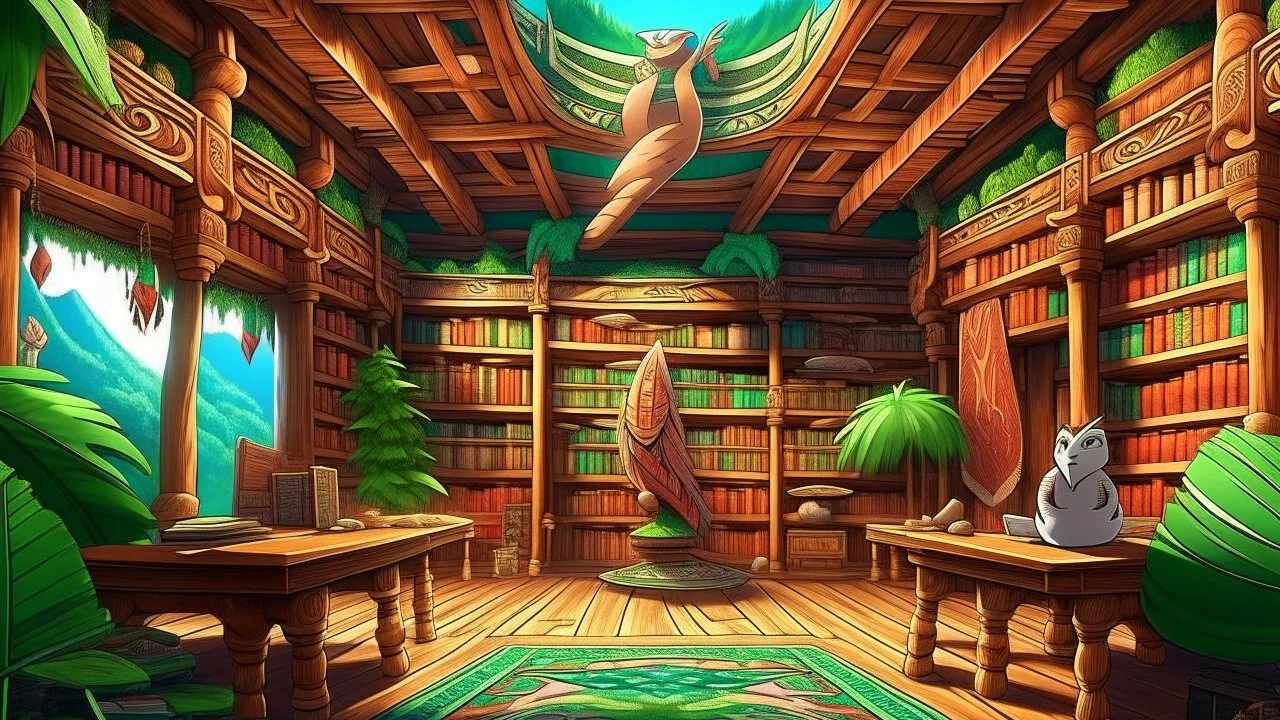 Enchanted library, books flying and tales coming alive, in a maMaori marae (meeting grounds) with intricately carved totems, against a backdrop of New Zealand's lush landscapegical realism anime style