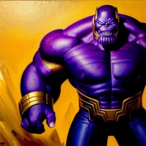 fullbody portrait in oil on canvas of Thanos with Big Golden Hulkbuster armor, intense stare, masterpiece, realistic, intricate detail, sci-fi fantasy style, volumetric lighting, particles, highly detailed ,cinematic , deep colours, 8k, by Robert E Howard and Ken Kelly