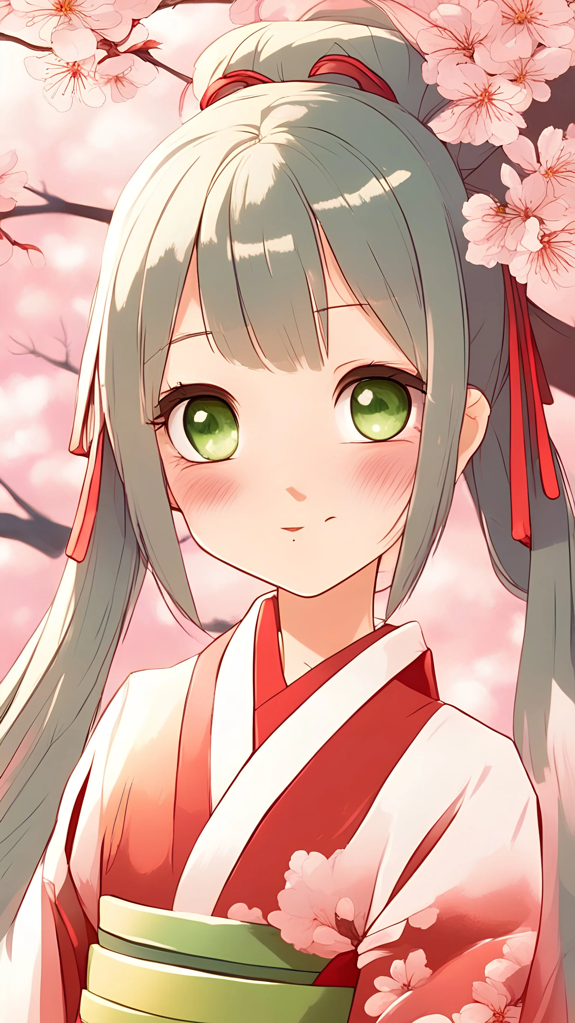 ((close up)) portrait of a beautiful young woman, 1girl, (dreamy big eyes), wearing red kimono, (long white hair), (green eyes), smirk, lips, in a park, under a cherry blossom tree, hair floating in the wind, sunlight, cinematic lighting, ((from below))