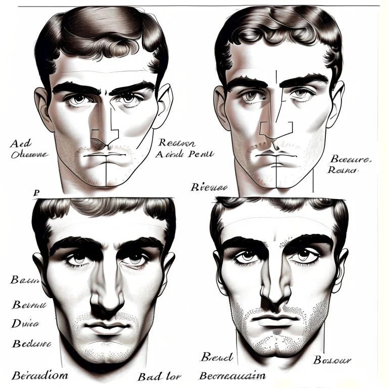 About drawing these features of a man's face Eyes: almond-shaped, medium-sized with defined eyelids and a direct and steady look. nose: a nose with prominent features, straight and with a slightly pointed tip, which can be described as a Roman nose. Mouth: Medium width with defined lips, neither too full nor too thin. Eyebrows: Naturally dense and curved, to match the shape of the face. Mustache: dense and arched following the shape of the upper lip.Chin and jaw: A prominent chin and defined j