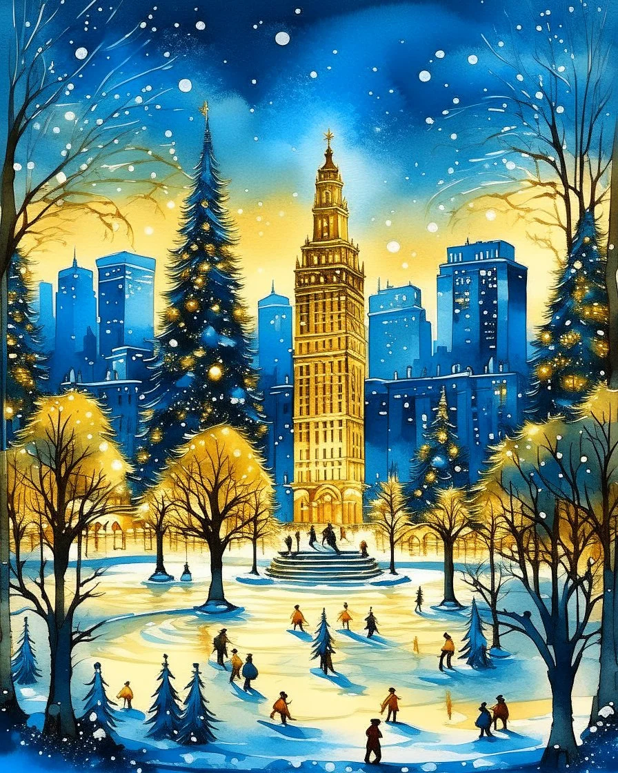 imagine an Art Deco style watercolor painting with gold foil applied to buildings. image of a Winter Park with a frozen pond, a Christmas tree, ice skaters, in foreground. background shows a cityscape with dark blue buildings accents with gold foil and One building is entirely gold foil. Christmas vibes, festive, elegant styling. MY PROMPT ABOVE. I used Microsoft Designer to create these images. I love how they turned out!