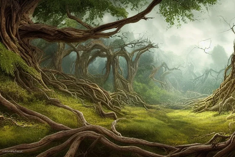 complex scene, mirkwood, beautiful scenic landscape, ancient wood, vines, roots, wide angle, super highly detailed, professional digital painting, artstation, concept art, smooth, sharp focus, matte, illustration, small minutiae, tiny features, particulars, unreal engine 5, photorealism, volumetric lighting, volumetric clouds, random placed sparse ground fog, uhd, 8k resolution, cinema 4d, 3d, beautiful, cinematic, art by artgerm and greg rutkowski and alphonse mucha and loish and wlop